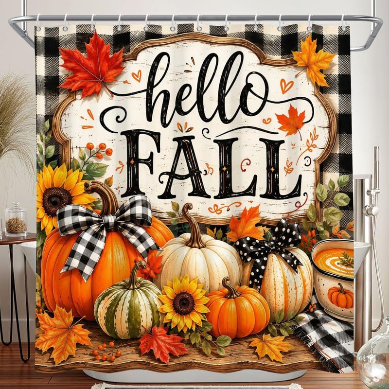 Extra Long Shower Curtain 72x84 Inch Hello Fall Shower Curtain for Bathroom Autumn Pumpkin Harvest Buffalo Plaid Check Bath Curtains Decor Waterproof Fabric with 14 Hooks by Duluxykl