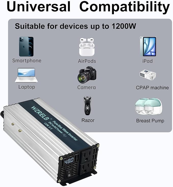WZRELB 1200W Pure Sine Wave Inverter 48V DC to 110V 120V AC Power Converter - Image 6