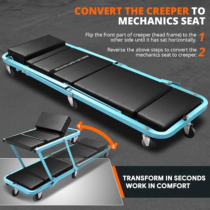 DNA MOTORING 48" 2 IN 1 Folding Rolling Garage Shop Creeper Roller Seat - Image 3