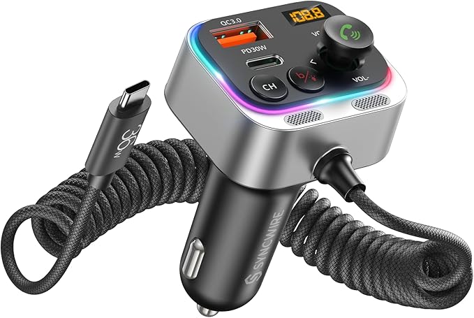 Syncwire Bluetooth 5.4 FM Transmitter Car Adapter 66W PD & QC 3.0 Fast Charging by SYNCWIRE