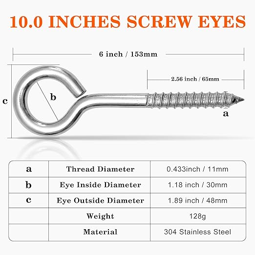 2Pcs Self Tapping Eyelet Screw Eye Bolt，6 Inch Heavy Duty Screw Eyes Hooks ，M10 - Image 2