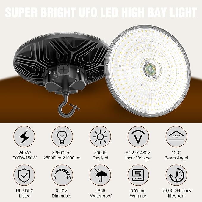 6 Pack 480V LED High Bay Light UL DLC Listed UFO Light 240W 200W 150W Adjustable - Image 2