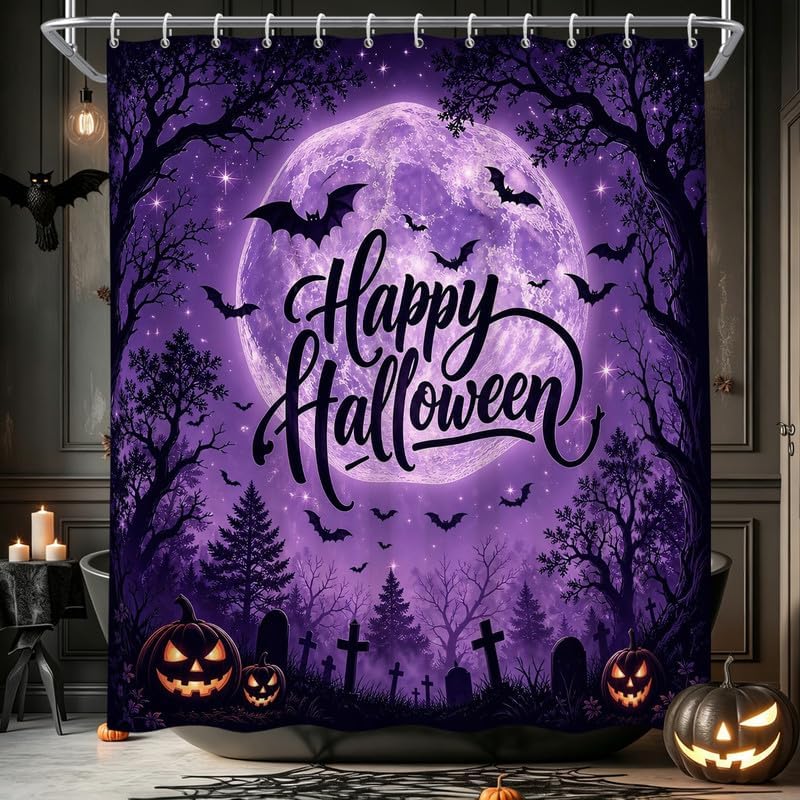 Spooky Halloween Shower Curtain Full Moon Horror Forest Scary Pumpkin Bathtub Curtains for Bathroom Halloween Home Decor with 10 Hooks, 60x72 Inch - Image 7
