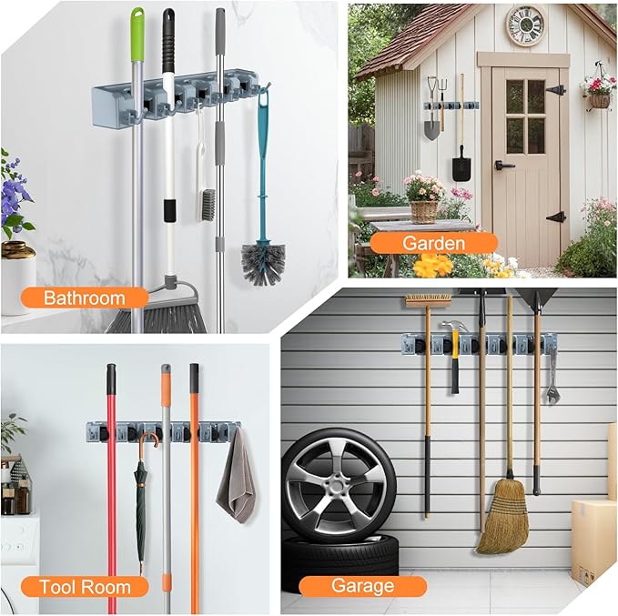 nacena Broom Holder Wall Mount, 2 Packs grey Wall Hanging Garden Tool & Utility - Image 7