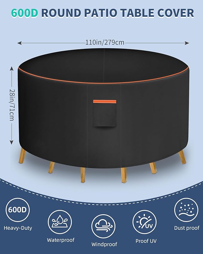 Round Patio Furniture Cover, 110 Inch Diameter Waterproof 600D Heavy Duty Table - Image 2