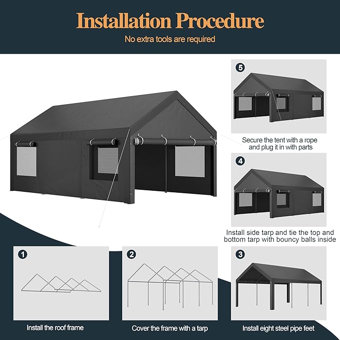 Shintenchi Carport 10' x 20' Heavy Duty Portable Garage, Carport Canopy - Image 6
