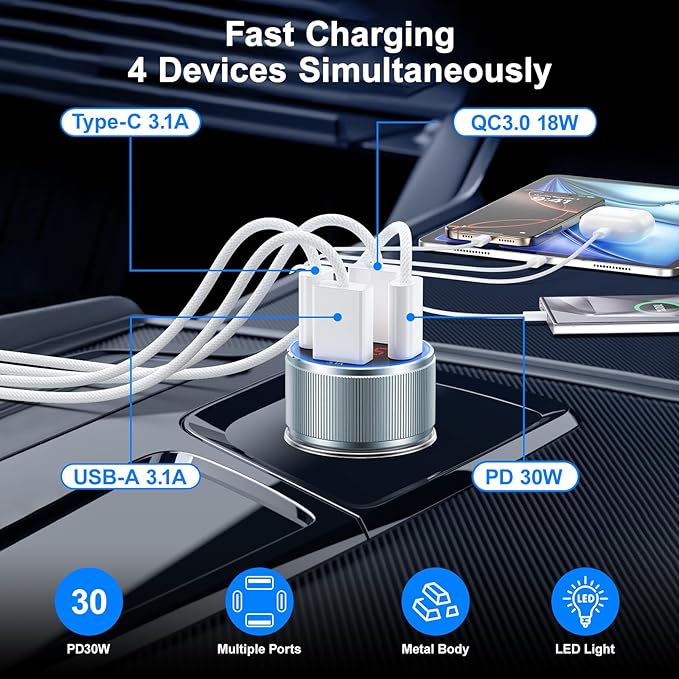 Car Phone Charger for iPhone 16 15, Besgoods USB C Car Charger Adapter 4 Ports - Image 2