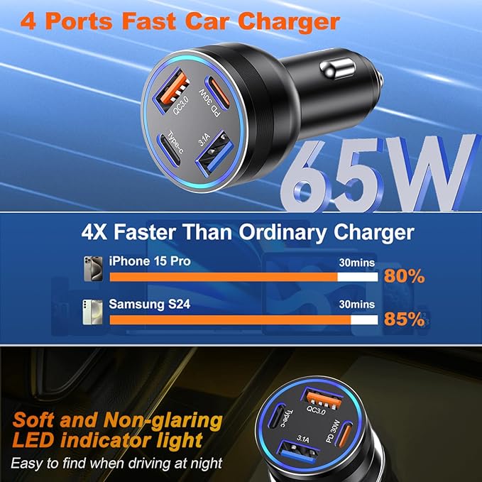 Car Charger USB C Fast Charging, 65W 4-Port Fast Car Phone Charger Accessories - Image 3