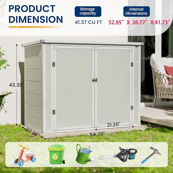 Amopatio 41 Cu Ft Outdoor Storage Shed, Horizontal Resin Trash Can Storage - Image 4