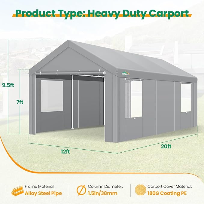 COBIZI Carport Canopy 12x20 Heavy Duty Portable Garage - Image 5