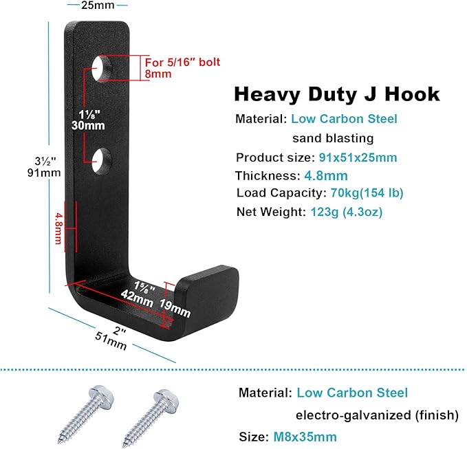 4 Pack 3-1/2" Heavy Duty Steel J Hook, Wall Mount Utility Hook - Image 3