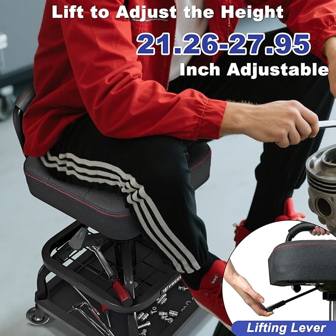 Rolling Shop Stool with Wheels, Garage Mechanic Shop Chair with Handle Backrest - Image 2