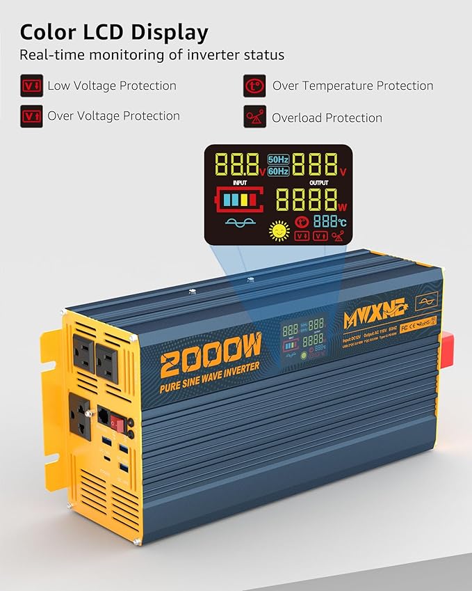 2000W Pure Sine Wave Power Inverter DC 12V to 110V 120V AC - Image 3
