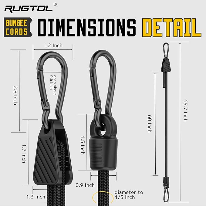 Bungee Cords with Hooks, Upgrade 60 inch Adjustable Bungee Cords with Carabiner - Image 2