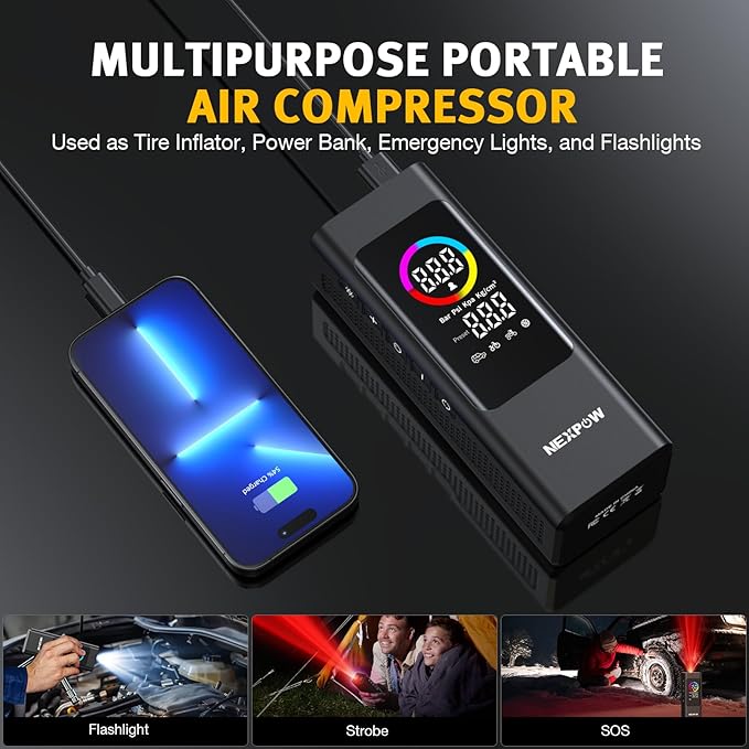 NEXPOW 150 PSI Tire Inflator Portable Air Compressor, 12000mAh Battery Auto - Image 7