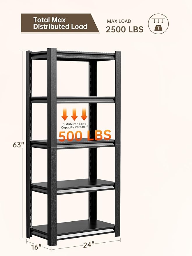 JHYKHG 63" H Storage Shelves, 5-Tier Heavy Duty Garage Shelving, Adjustable - Image 3