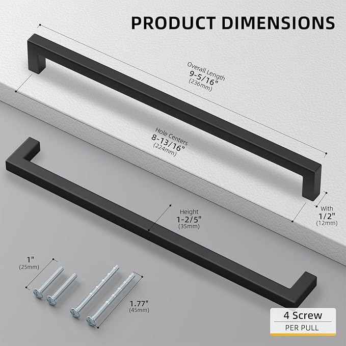 Goldenwarm 10 Pack Black Square Bar Cabinet Pull Drawer Handle Stainless Steel - Image 2