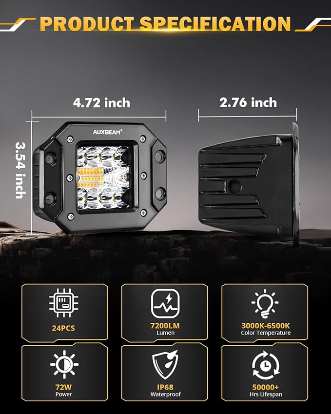 Auxbeam 5 Inch Flush Mount Led Light Pods, Amber Flush Mount Bumper Fog Lights - Image 5