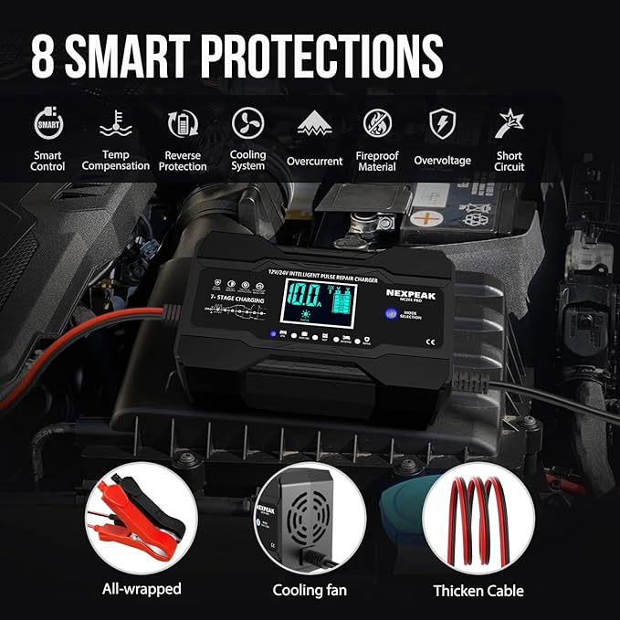 NEXPEAK 10-Amp Car Battery Charger, 12V and 24V Smart Fully Automatic Battery - Image 4