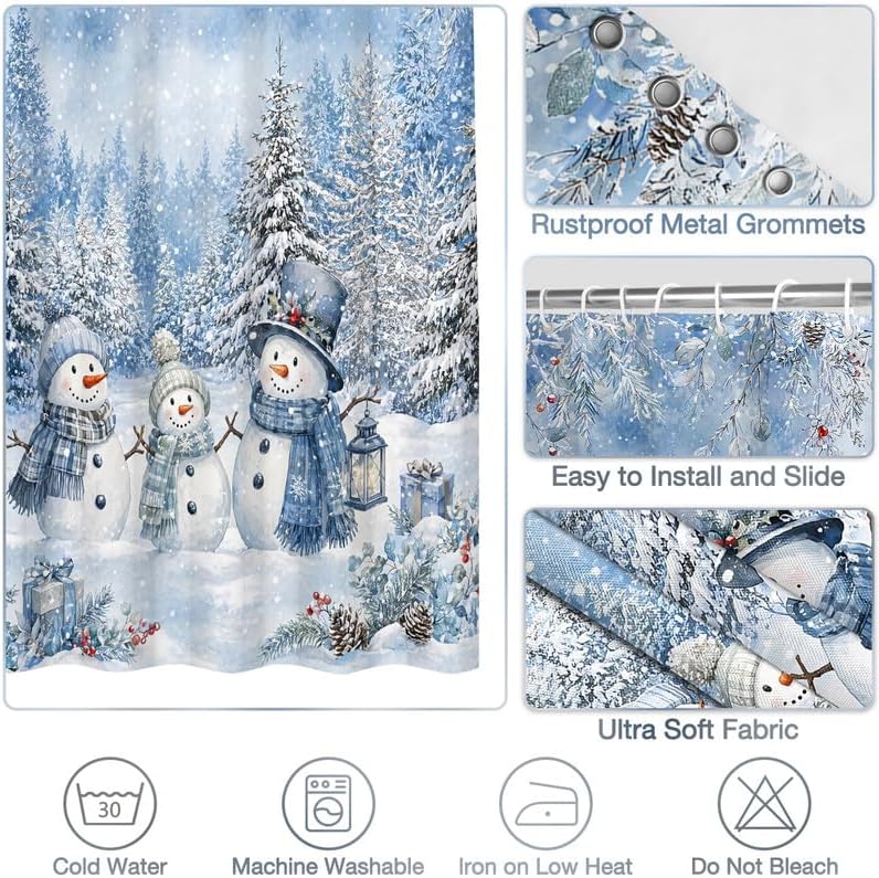 Winter Christmas Snowman Shower Curtain, Blue Xmas Pine Tree Snowflake - Image 4