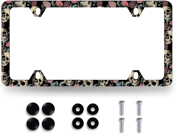 Skulls Flowers License Plate Frame Colorful Skull License Plate Stainless Steel by MUAWUOIK