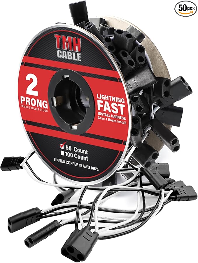 TMH 50 Count 2-Prong Wire Harness Roll Double Female Bullet Plug 18 Gauge by TMH
