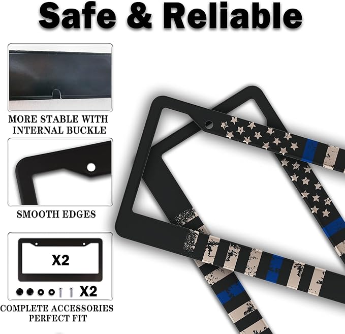 License Plate Frames Black, and Blue Car Plate Frames Thin Blue Line USA Flag - Image 4