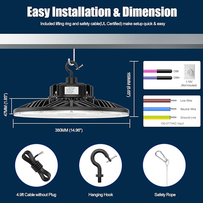 BBESTLED 3 Pack 300W LED High Bay Light, UL Listed UFO High Bay Lights Dimmable - Image 3