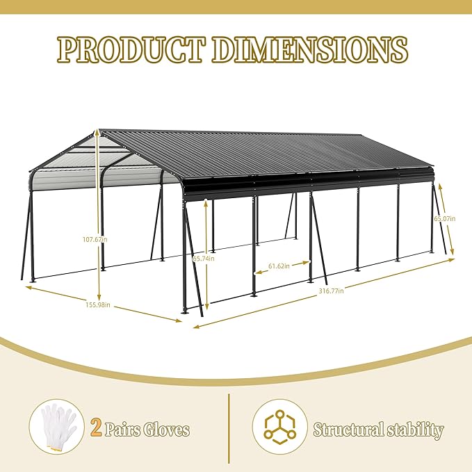 13x26.5 FT Metal Carport, Heavy Duty Car Port Canopy - Image 6