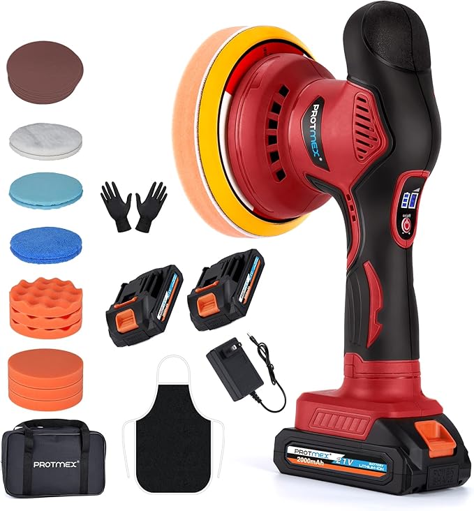 Cordless Car Buffer Polisher w/ 2x2000mAh 21V Batteries, 6 Inch Car buffer by Protmex
