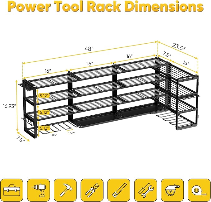 64”W Power Tool Organizer Wall Mount, Heavy Duty 8-Drill Cordless Drill Holder - Image 7