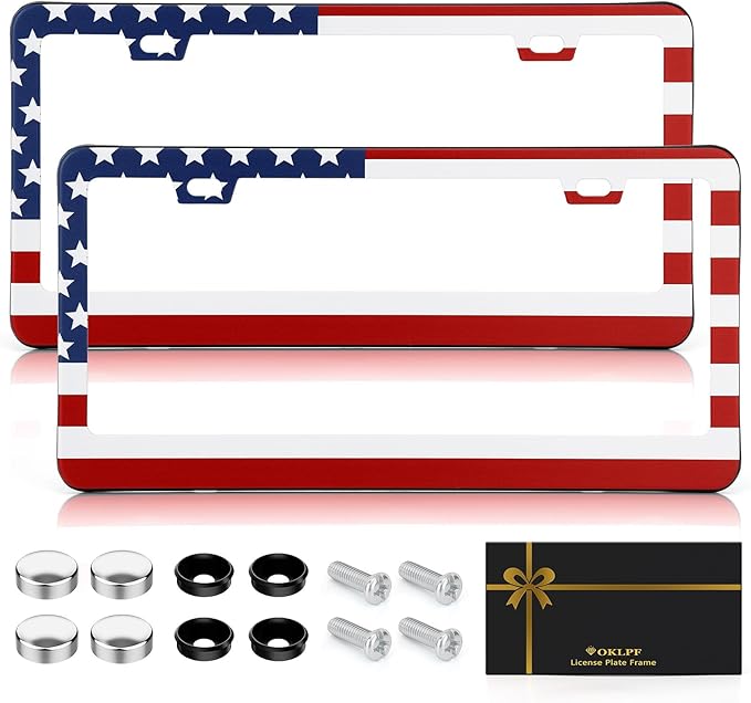 OKLPF Premium American Flag License Plate Frame, Aluminum Matte License Plate by OKLPF