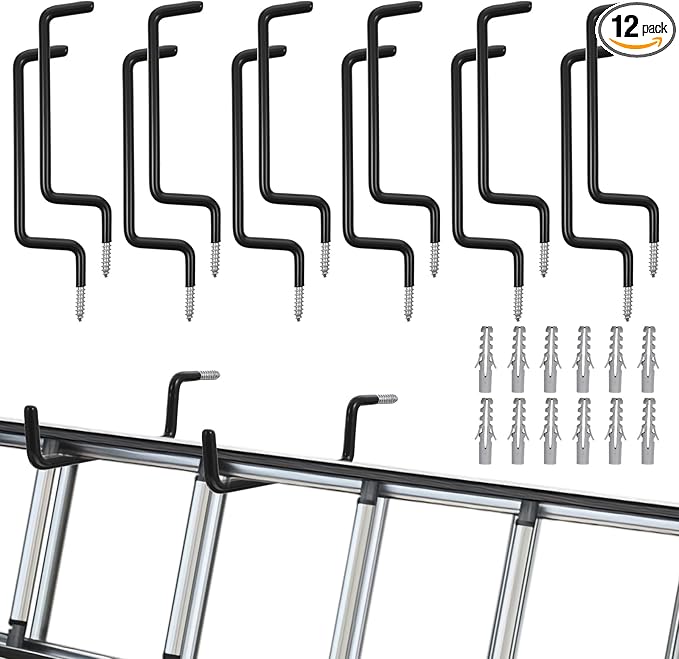12 Pcs Heavy-Duty Black Ladder Hooks – Iron & PVC Wall Mount Storage Hangers by Unknown