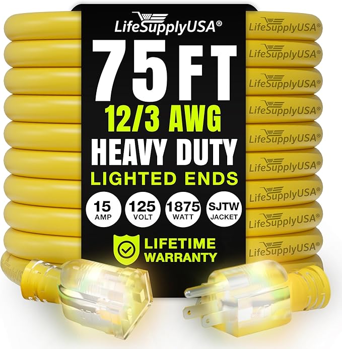 75ft Outdoor/Indoor Extension Cord 12/3 Gauge Extra Heavy Duty 3 Prong SJTW by LifeSupplyUSA