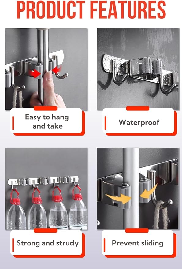 Mop and Broom Holder Wall Mount, Upgraded Broom Hanger Wall Mount, Stainless - Image 2