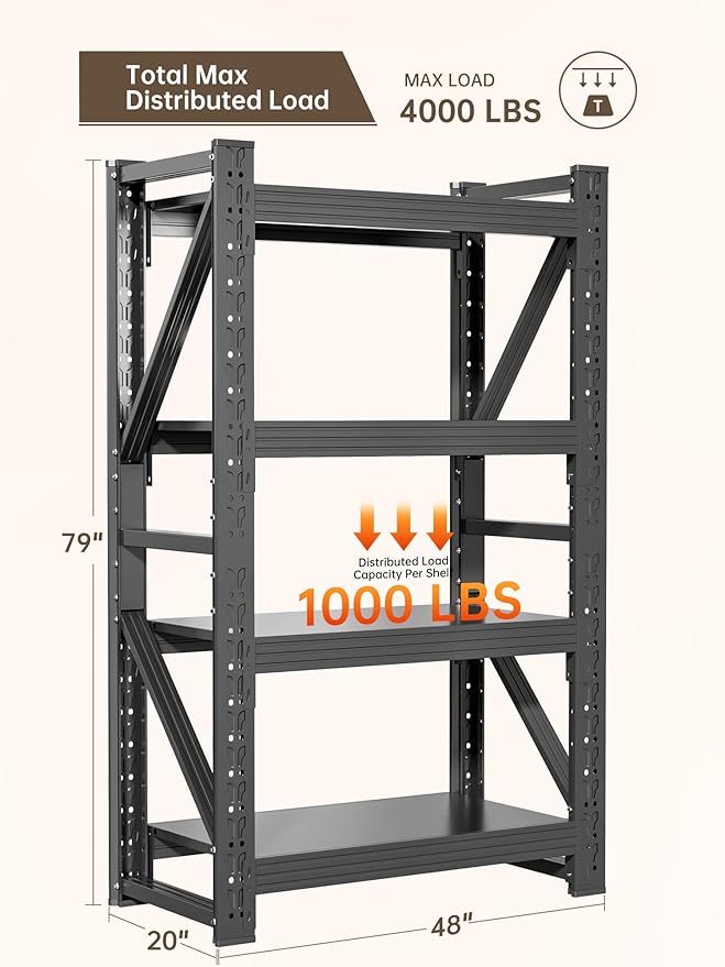 4-Tier Storage Shelves, Adjustable Industrial Metal Shelf System, 000lbs - Image 3