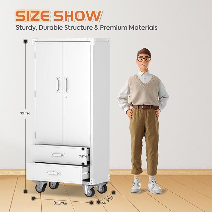 Rolling Storage Cabinet with 2 Doors and 2 Drawers, Heavy Duty Metal Storage - Image 3