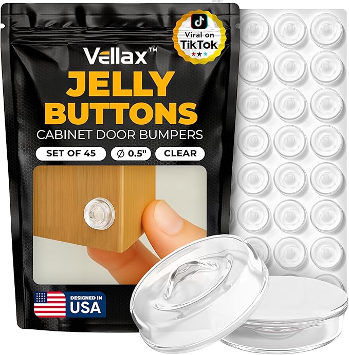 45 Clear Silicone Cabinet Door Bumpers – Self-Adhesive Pads, Quiet Soft Close by Vellax