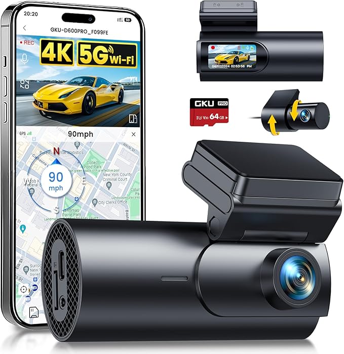 GKU Dash Cam Front and Rear Camera, 5.8GHz WiFi & GPS Dash Camera by GKUdashcam