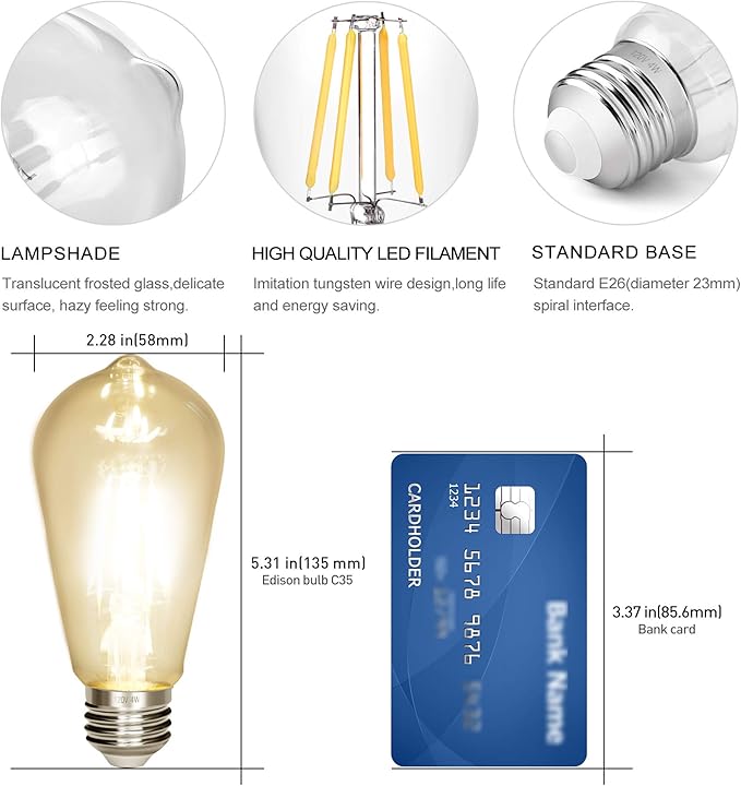 LED Edison Bulb 4W, Antique 40W Vintage Edison Bulb, E26 Light Bulb Non - Image 3
