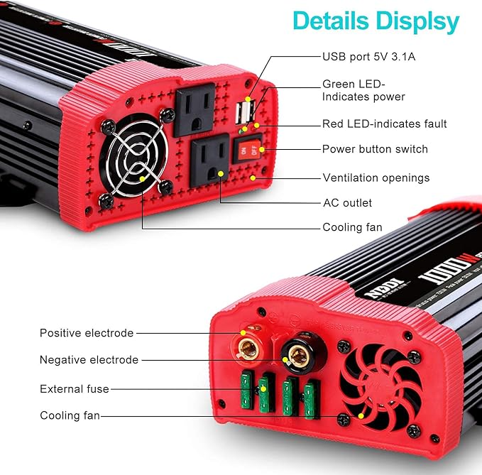1000W Car Power Inverter, DC 12V to AC 110V Car Inverter - Image 3