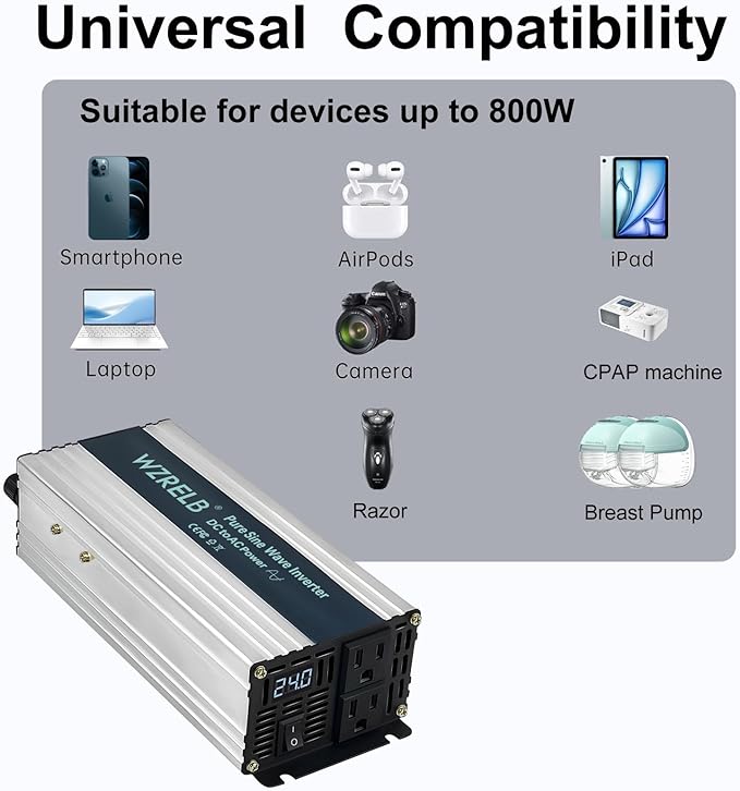 WZRELB 800W Pure Sine Wave Inverter 24V DC to 110V 120V AC Power Converter - Image 6