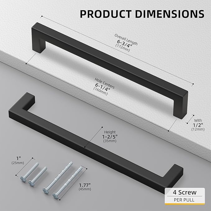 goldenwarm 200 Pack 6-1/4INCH Black Square Bar Cabinet Pull Drawer Handle - Image 2