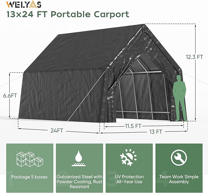 13 x 24 FT Carport, Heavy Duty Car Port Outdoor UV Garage - Image 4