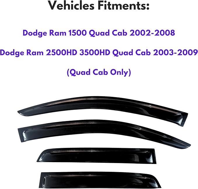 KPY Window Visor Rain Guard for 2002-2008 Dodge Ram 1500 Quad Cab, Tape-On - Image 2