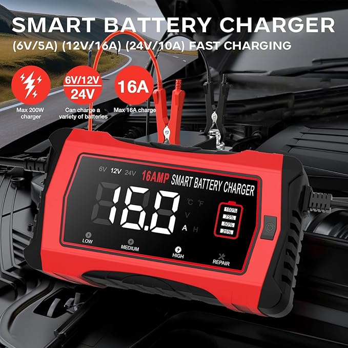 16-Amp 24V/12V/6V Portable Car Battery Charger, Smart LiFePO4 Lithium Lead-Acid - Image 2