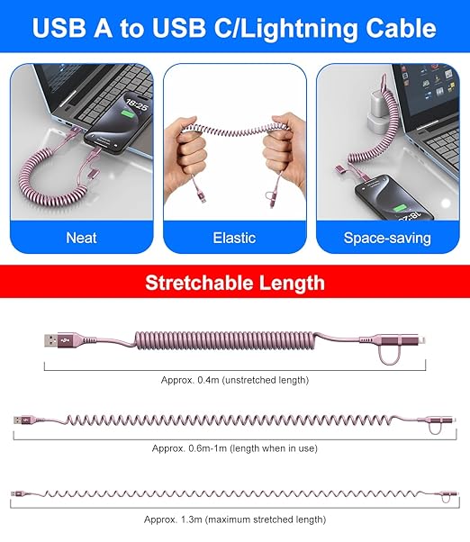 USB to USB C and Lightning Pink Car Charger Cable - Image 7
