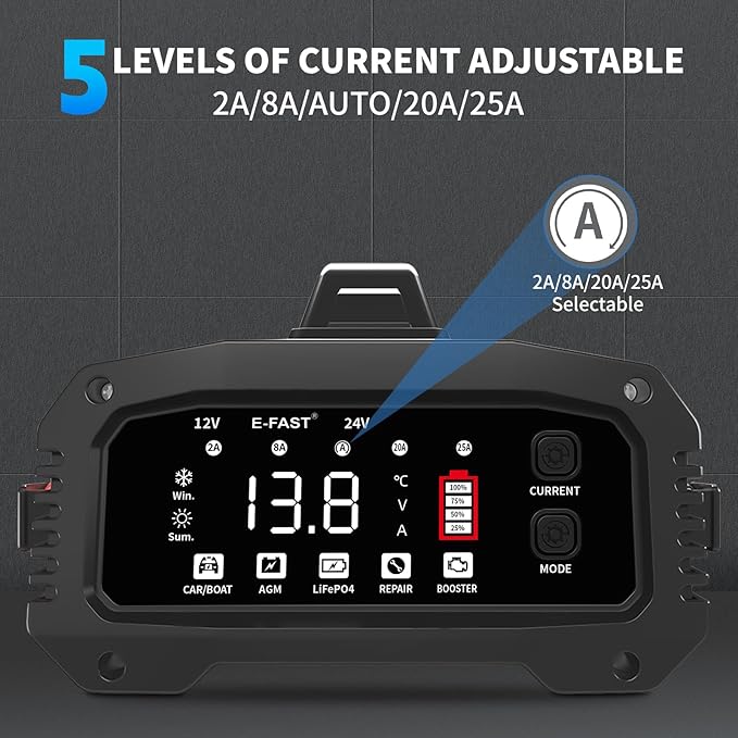 E-FAST 25A Battery Charger, 12/24V All in One Lifepo4 Lead Acid Car Battery - Image 3