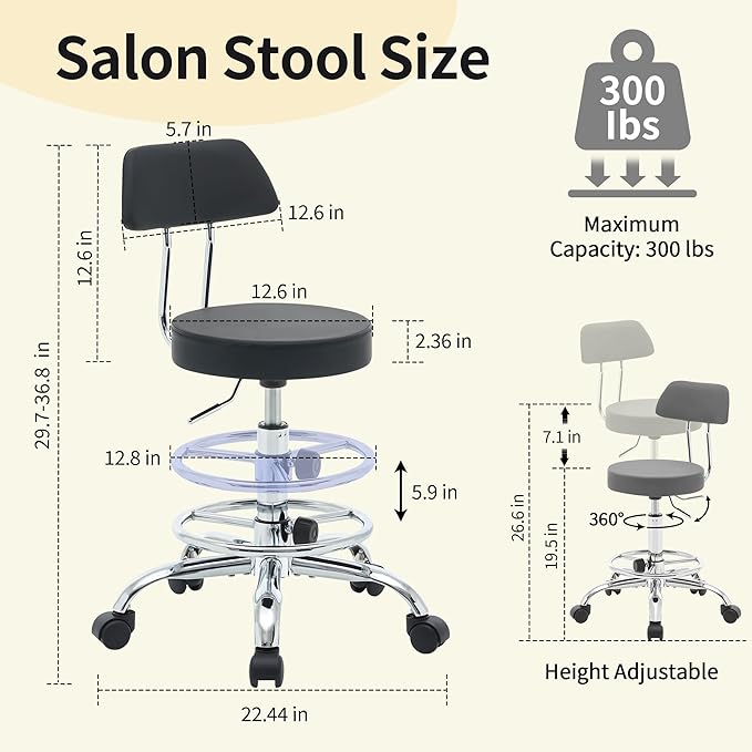 Rolling Stool with Back, Adjustable Height Foot Rest Rolling Salon Chair - Image 2