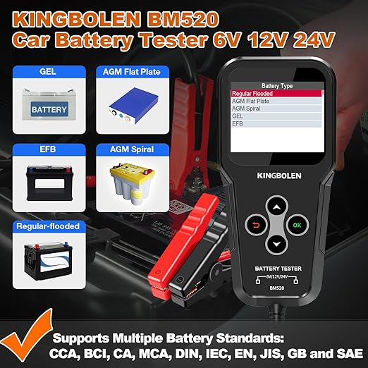KINGBOLEN BM520 6V 12V 24V Car Battery Tester, 100-2000 CCA Automotive Load - Image 2